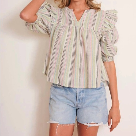 dRA Jancis Ruffle Sleeve Top Striped Blouse V Neck 3/4 Sleeve Colorful Small - Picture 1 of 6